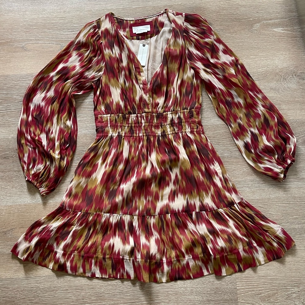 Anthropologie Ikat-Print V-Neck Mini Dress in Burgundy, Olive & Cream